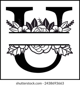 U Floral Split Monogram , Flower Monogram Clipart, Floral Letter Graphic, Alphabet Bundle |Split Monogram Alphabet | Split Monogram Frame Alphabet | Cut File for Circuit, Silhouette svg