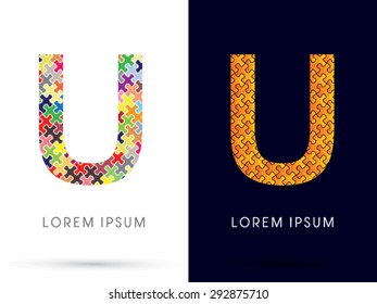 U, Font, designed using Jigsaw puzzle pattern, graphic vector.