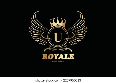 U Golden patterned letters and initial monogram in coat of arms form with crown. Royal font and elements kit for logo design.