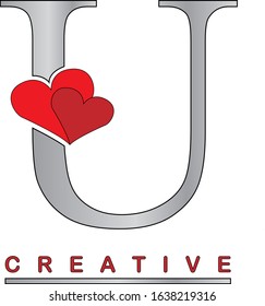 U grey letter with two red hearts vector illustration. Styled symbol for Valentine's day, love concept, logo, label, emblem, greeting card, cover or web page graphic design.