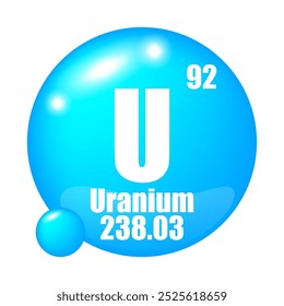 U-Symbol. Uranelement. Atomnummer 92. Masse 238.03. Blaues Kugelbild. Vektorsymbol.