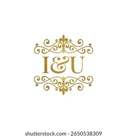 I U logo inicial ornamen emas. Huruf IU ampersand pernikahan atau simbol mitra bisnis