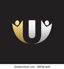 U initial alphabet letter logo with teamwork swoosh man, silver gold black background