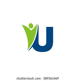 U initial alphabet letter logo with swoosh man, green blue