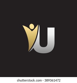 U initial alphabet letter logo with swoosh man, silver gold black background