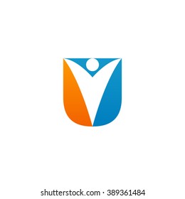 U initial alphabet letter logo with negative space swoosh man, orange blue