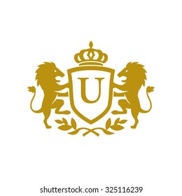 U initial business, clean luxury crest logo with lions