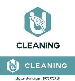 U Initial Letter Cleaning Service Simple Flat Modern Logo with Broom, Brush icon. Housecleaning, Maintenance Home Repair Business Brand. Home Clean Up Retail company 