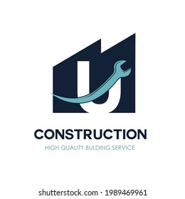 U Initial Letter for Flat Minimalist Modern Construction Logo Design. Simple renovation business logo with wrench equipment tool. Building repair and maintenance brand