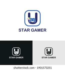 U initial letter with game console icon and pixel for gaming logo concept. game startup application
