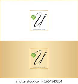 U Initial letter handwriting and signature with leaves
