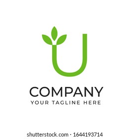 U letra inicial con la plantilla de logotipo de forma de planta hoja, archivo vectorial pasos 10 texto y color es fácil de editar