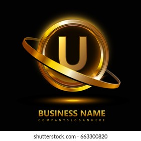 u initial letter logo inside circle shape with swoosh, inside o rounded uppercase logo shiny gold 