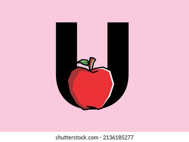 U initial letter with red apple in stiff art style design