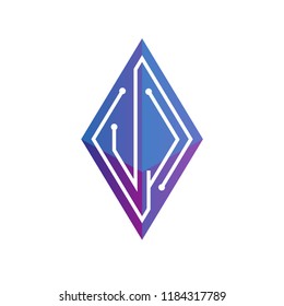 U J Initial letter block chain logo icon vector template. Looping mono line circuit letter on rhombus cube logo