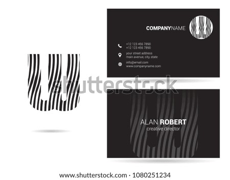U & J waves letter joint logo design with business card template