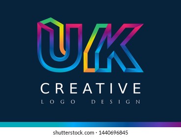 U K Logo. UK Letter Design Vector with Magenta blue and green yellow color