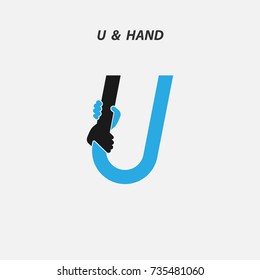 U - Letter abstract icon & hands logo design vector template.Italic style.Business offer,Partnership,Hope,Help,Support,Teamwork sign.Corporate business & education logotype symbol.Vector illustration
