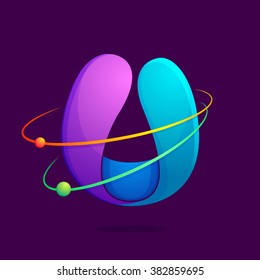 U letter with atoms orbits. Font style, vector design template elements for your application or corporate identity.