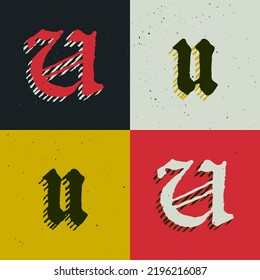 U letter blackletter style logo set with grunge texture. Stylish horror gothic icon font. Perfect for retro style identity, music album covers, movie posters, luxury packaging, medieval design.