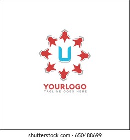 U letter brand identity. Vector graphic elegant sliced alphabet symbol with star element on circle in silver and red color.