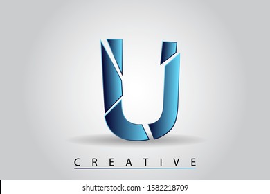 U letter with broken glass effect. Blue shattered letter with falling pieces vector illustration for logo, monogram, label, cover, emblem, company name, glass business, firm sign or web page design.