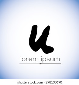 U letter calligraphic hand drawn logo (sign, symbol, icon). Letter u handwritten by dry brush. Rough strokes font. Vector illustration. Grunge style  alphabet.