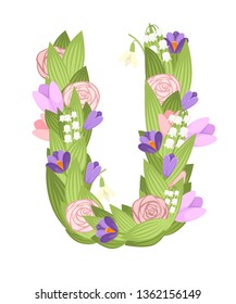U letter. Cartoon flower font design. Letter with flowers and leaves. Flat vector illustration isolated on white background.