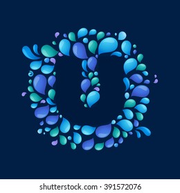 U letter in a circle of splashes and drops of water. Font style, vector design template elements for your ecology application or corporate identity.