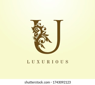 U Letter Classic logo. Vintage Brown letter stamp for book design, weeding card, label, business card, Restaurant, Boutique, Hotel. 