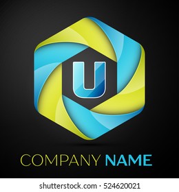 U Letter colorful logo in the hexagonal on black background. Vector template for your design