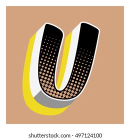 U letter comic alphabet retro with dotted textures and 3D effects
