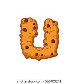 U letter cookies. Cookie font. Oatmeal biscuit alphabet symbol. Food sign ABC
