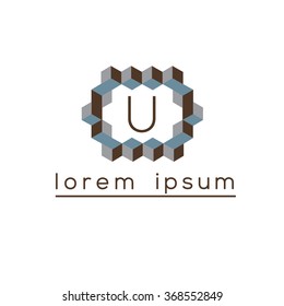 U letter cubes, geometric vector logo template (sign, symbol, emblem, ornament)