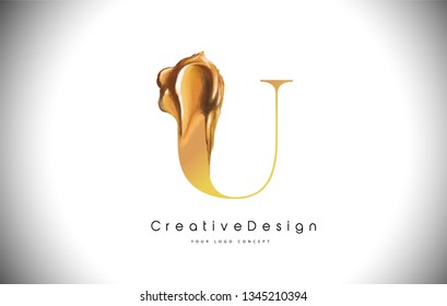 U Letter Design Brush Paint Stroke. Gold u Letter Logo Icon with Golden Paintbrush Vector Illustration