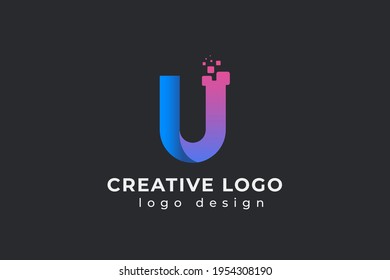 Diseño de letras U con puntos creativos de burbuja e iluminación vectorial de colores rosa azul.