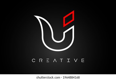 U Letter Design Logo with Monogram Line White and Red colors on a Black background. Creative U Icon Idea with Modern Look.