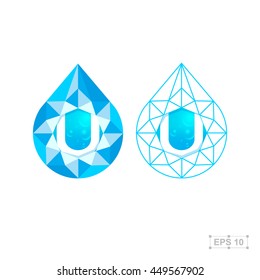 U letter with diamond,vector crystal modern water drop logo