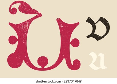 U letter drop cap logo. Illuminated initial and blackletter uppercase and lowercase. All you need to precisely imitate medieval text. Decorative element for the beginning of a paragraph or section.