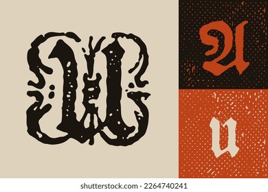 U letter drop cap logo. Illuminated initial and blackletter uppercase and lowercase. All you need to precisely imitate medieval text. Decorative element for the beginning of a paragraph or section.