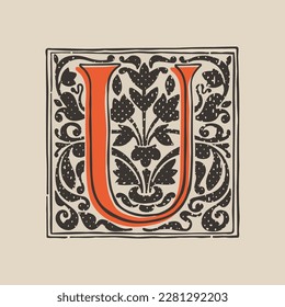 U letter drop cap logo in medieval engraving style. Blackletter square initial. Illuminated dark-age emblem with lush foliage and tulips. Perfect for vintage identity, gothic posters, luxury packaging
