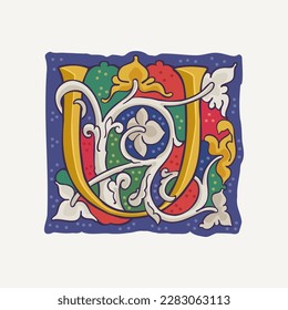 U letter drop cap logo with interlaced white vine and gilding calligraphy elements. Renaissance initial emblem. Medieval dim colored fancy luxury icon based on Ottonian and Romanesque.