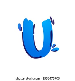 U letter eco logo with blue water drops handwritten with a felt-tip pen. Vector marker font can be used for eco friendly, vegan, bio, raw, organic template.