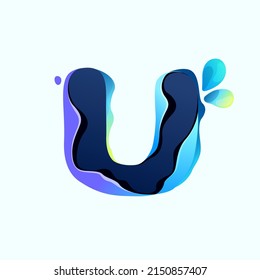 U letter eco logo with blue dew drops in hologram glitch style. Environment friendly icon with color shift and illusion effect. Vector idea for waste recycling identity or organic merchandise.