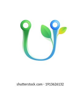 U letter eco logo with colorful spheres or dots and connecting lines. Vector green icon perfect to use in any agriculture labels, science posters, spring identity, etc.