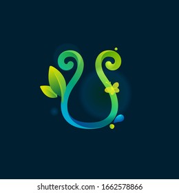 U letter eco logo with green curved lines, leaves and dew drops. Vector handwritten script font for nature labels, bio company, spring posters etc.