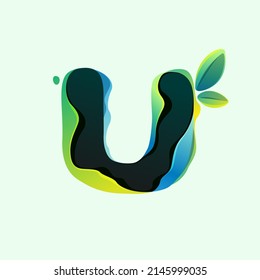 U letter eco logo with green leaves in hologram glitch style. Environment friendly icon with color shift and illusion effect. Vector element for waste recycling identity, natural theme presentation.