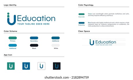 U letter Education Logo design template with color scheme and color psychology and app icon. Use for Education, Software, Learning App, Websites. The education Logo mark, icon, symbol, badge, monogram