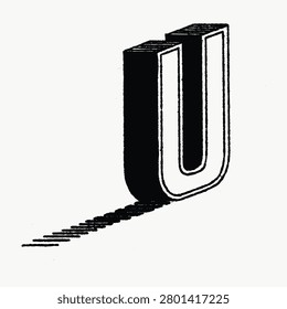 U letter, Egyptian style calligraphy font, vintage illustration isolated on white, vector.
