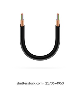Diseño de cable eléctrico de letra U. Tipo de letra vectorial realista para logotipo, logotipo de aplicación, plantilla creativa, etc.